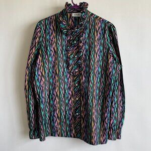 Vintage Lucky Me Womens Multicolor Geometric Print Ruffle Blouse  40 Long Sleeve